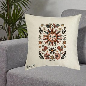 Perna Decorativa Soare Boho Folk Fluturi, 40x40 cm, Ecru, Husa Detasabila, Perna Inclusa, BEKZ®