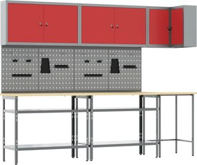 vidaXL Set de dulapuri de lucru cu raft Manual 10 pcs Roșu și gri