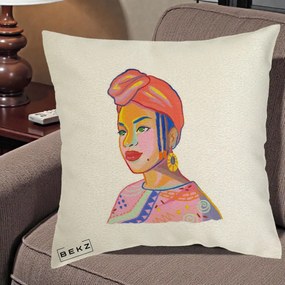 Perna Decorativa Portret Femeie Africana, 40x40 cm, Ecru, Husa Detasabila, Perna Inclusa, BEKZ®