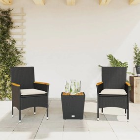 3278745 vidaXL Set bistro cu perne, 3 piese, negru, poliratan și sticlă