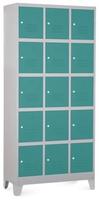 Dulap metalic - 15 cutii, 90 x 40 x 195 cm, picioare fixe, încuietoare cilindrică, verde - ral 6033