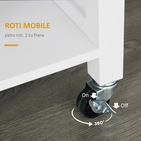 HOMCOM Carucioare de bucatarie cu 4 roți, 3 rafturi, pentru sufragerie, din MDF, Lemn și Cauciuc, 107.5x48x89 cm, Alb | Aosom Romania
