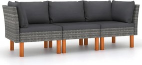 vidaXL Canapea de grădină cu 3 locuri, cu perne, gri, poliratan