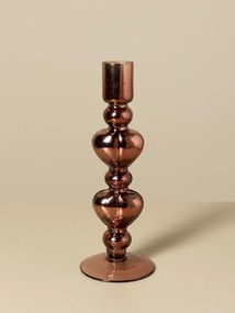 Sfeșnic din sticlă cu inimi sculptate suprapuse, maro-argintiu, finisaj lucios, 23×8 cm, „Cœur"
