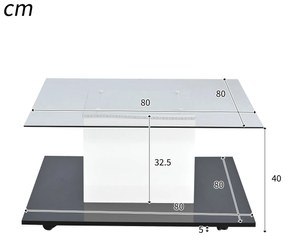 Măsuță de cafea modernă din sticlă lucioasă cu bandă LED reglabilă și roți pivotante, 80×80×40 cm, Alb+Negru