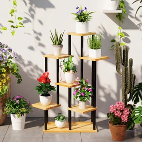 Outsunny Suport pentru plante cu 7 niveluri pentru interior și exterior, stand plante din oțel și lemn, lemn natural | Aosom Romania