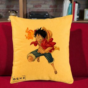 Perna Personalizata One Piece Luffy Gear Second Foc, 40x40 cm, Galben, Husa Detasabila, Perna Inclusa, BEKZ®