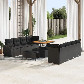 vidaXL Set de canapele de grădină cu 11 piese, cu perne, ratan poliester negru, acacia