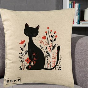 Perna Decorativa Pisica Neagra Flori Rosii Folk Minimal, 40x40 cm, Bej, Husa Detasabila, Perna Inclusa, BEKZ®