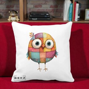 Perna Decorativa Pasare Patchwork Colorata, 40x40 cm, Alba Mata, Husa Detasabila, Perna Inclusa, BEKZ®