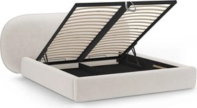 Pat matrimonial crem tapițat cu spațiu de depozitare cu somieră 160x200 cm Ovalo – Micadoni