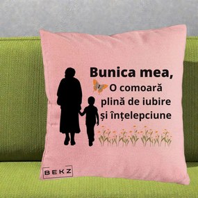 Cadou pentru Bunica - Perna Personalizata Bunica Mea Comoara cu Fluture si Baietel, 40x40 cm, Roz, Husa Detasabila, Perna Inclusa, BEKZ®