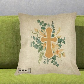 Perna Personalizata Cruce Florala Botez, 40x40 cm, Crem, Husa Detasabila, Perna Inclusa, BEKZ®