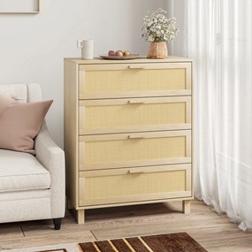 HOMCOM Comodă 4 sertare cannage din ratan dim. 80L x 40l x 103H cm MDF Aspect Lemn Deschis | Aosom Romania