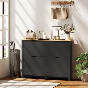 HOMCOM Dulap pentru pantofi 16 perechi, dulap cu 4 sertare rabatabile și polițe reglabile, negru și lemn natural | Aosom Romania