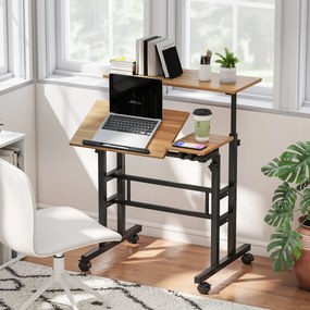 HOMCOM Birou stat jos/în picioare birou reglabil pe înălțime 70 x 60 cm pe roți cu blat înclinat cadru metalic maro | Aosom Romania