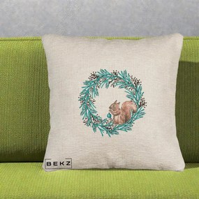 Perna Decorativa Coroana Turcoaz cu Veverita, 40x40 cm, Bej Canapea, Husa Detasabila, Perna Inclusa, BEKZ®