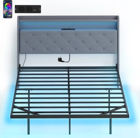 HOMCOM Cadru de pat 140 x 190 cm cu somieră din oțel, pat dublu plutitor cu lumini LED RGB și stație de încărcare, gri | Aosom Romania