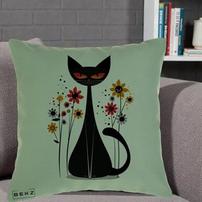 Perna Decorativa Pisica Neagra Ochi Rosii Flori, 40x40 cm, Verde, Husa Detasabila, Perna Inclusa, BEKZ®