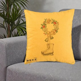 Perna Decorativa Patine cu Coroana Florala de Craciun, 40x40 cm, Galben, Husa Detasabila, Perna Inclusa, BEKZ®