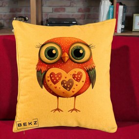 Perna Decorativa Bufnita Rosie cu Inimi Aurii, 40x40 cm, Galben, Husa Detasabila, Perna Inclusa, BEKZ®