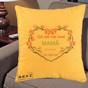 Cadou pentru Mama - Perna Personalizata Esti Cea mai Buna Mama din Lume La Multi Ani cu Inima Florala, 40x40 cm, Galben, Husa Detasabila, Perna Inclusa, BEKZ®
