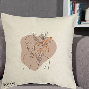 Perna Decorativa Femeie cu Flori Line Art Boho, 40x40 cm, Ecru, Husa Detasabila, Perna Inclusa, BEKZ®