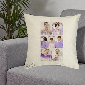 Perna Personalizata K-pop BTS Colaj 7 Portrete cu Inimi Lila, 40x40 cm, Ecru, Husa Detasabila, Perna Inclusa, BEKZ®