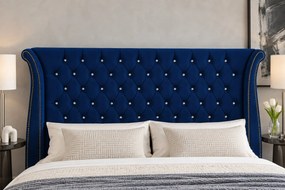 Pat tapițat din catifea Zafira 160×200 cm, bleumarin, cu ladă de depozitare