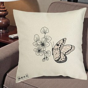 Perna Decorativa Fluture si Flori Linie Monocroma, 40x40 cm, Ecru, Husa Detasabila, Perna Inclusa, BEKZ®
