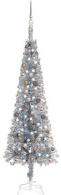 Brad de Craciun subtire cu LED-uri si globuri, argintiu, 210 cm 1, silver and rose, 210 cm