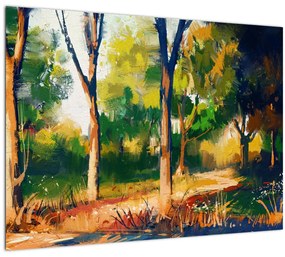Tablou pe sticlă - Pădure de vară însorită, pictură (70x50 cm)