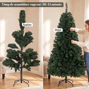 HOMCOM Brad Artificial de Crăciun, 180 cm, 888 Ramuri Ignifuge, Bază Metalică Pliabilă, Verde | Aosom Romania