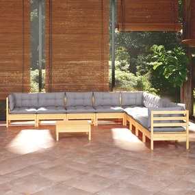 3096820 vidaXL Set mobilier grădină cu perne, 10 piese, gri, lemn masiv pin