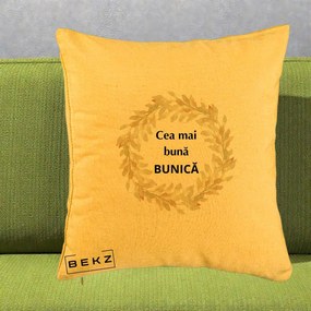 Cadou pentru Bunica - Perna Personalizata Cea Mai Buna Bunica Coronita Frunze Acuarela, 40x40 cm, Galben, Husa Detasabila, Perna Inclusa, BEKZ®