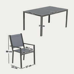 Outsunny Set Masă de Grădină cu Scaune, 7 Piese, Set de Prânz cu Masă cu Blat din Lemn Compozit cu Șipci și 6 Scaune de Exterior Stivuibile, Mobilier din Oțel cu Texteline, Gri și Negru | Aosom Romania