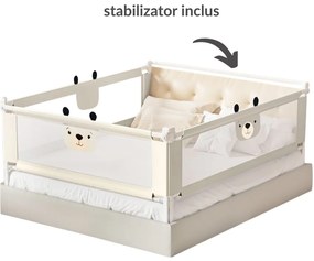Set 3 bariere protectie pat culisante XXL + STABILIZATOR pentru pat 180x200 cm Kidizi Funny Bear Beige, certificare EN71, inaltime ajustabila 72-100 cm