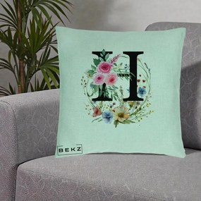 Cadou Personalizat - Perna Personalizata Monogram Litera H cu Flori Acuarela, 40x40 cm, Verde Menta, Husa Detasabila, Perna Inclusa, BEKZ®