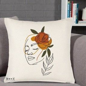 Perna Decorativa Portret Feminin Trandafir Ruginiu, 40x40 cm, Crem Reliefat, Husa Detasabila, Perna Inclusa, BEKZ®