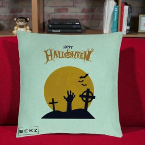 Perna Decorativa Happy Halloween Cimitir cu Luna, 40x40 cm, Verde Menta, Husa Detasabila, Perna Inclusa, BEKZ®