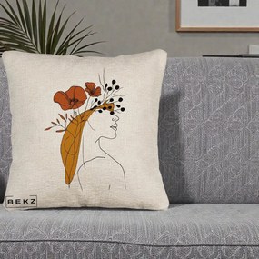 Perna Decorativa Portret Feminin Maci Rosii Auriu, 40x40 cm, Bej Canapea, Husa Detasabila, Perna Inclusa, BEKZ®