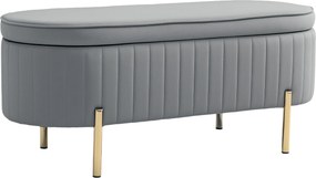 HOMCOM Bancă de Depozitare pentru Intrare Ovală 72L cu Design Scanalat, Capac Ridicabil și Șezut Capitonat, Bancă de la Capătul Patului Pouf în Catifea și Picioare de Lemn de Pin, 108x44x43.5 cm, Gri | Aosom Romania