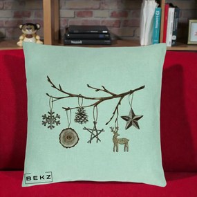Perna Decorativa Ornamente de Lemn pe Ramura, 40x40 cm, Verde Menta, Husa Detasabila, Perna Inclusa, BEKZ®