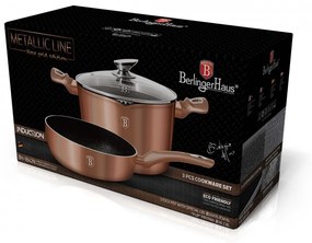 Set oala cu capac pentru paste si orez si tigaie de sotat marmorate (3 piese) din aluminiu forjat Rose Gold (Cupru) Metalic Line Berlinger Haus BH 1842N