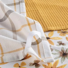 decoDoma Prosoape de bucătărie din bumbac FLORI GALBENE ȘI DE CHIMION 45 x 70 cm set 3 buc
