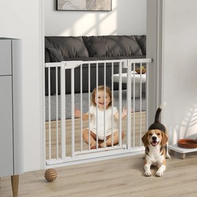 PawHut Poartă de Siguranță pentru Copii și Animale, Extensibilă 96-103 cm, Înălțime 76 cm, Poartă pentru Câini, Scări și Uși, Închidere Automată, Montaj prin Presiune, Deschidere în Ambele Direcții, Alb | Aosom Romania