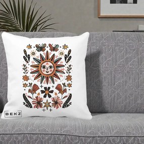 Perna Decorativa Soare Boho Folk Fluturi, 40x40 cm, Alba Mata, Husa Detasabila, Perna Inclusa, BEKZ®