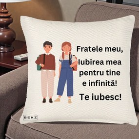 Cadou pentru Frate - Perna Personalizata Fratele Meu Te Iubesc Elevi Ilustratie Colorata, 40x40 cm, Crem Reliefat, Husa Detasabila, Perna Inclusa, BEKZ®