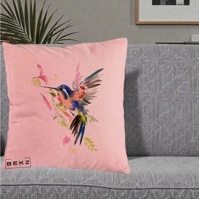 Perna Decorativa Colibri Acuarela, 40x40 cm, Roz, Husa Detasabila, Perna Inclusa, BEKZ®