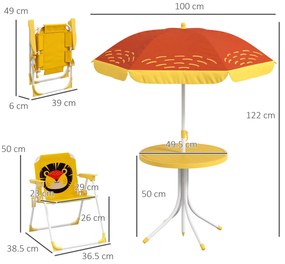 Outsunny Set mobilier de grădină pentru copii 4 piese motiv de leu cu umbrelă reglabilă Ø 100 cm scaun pliabil galben | Aosom Romania